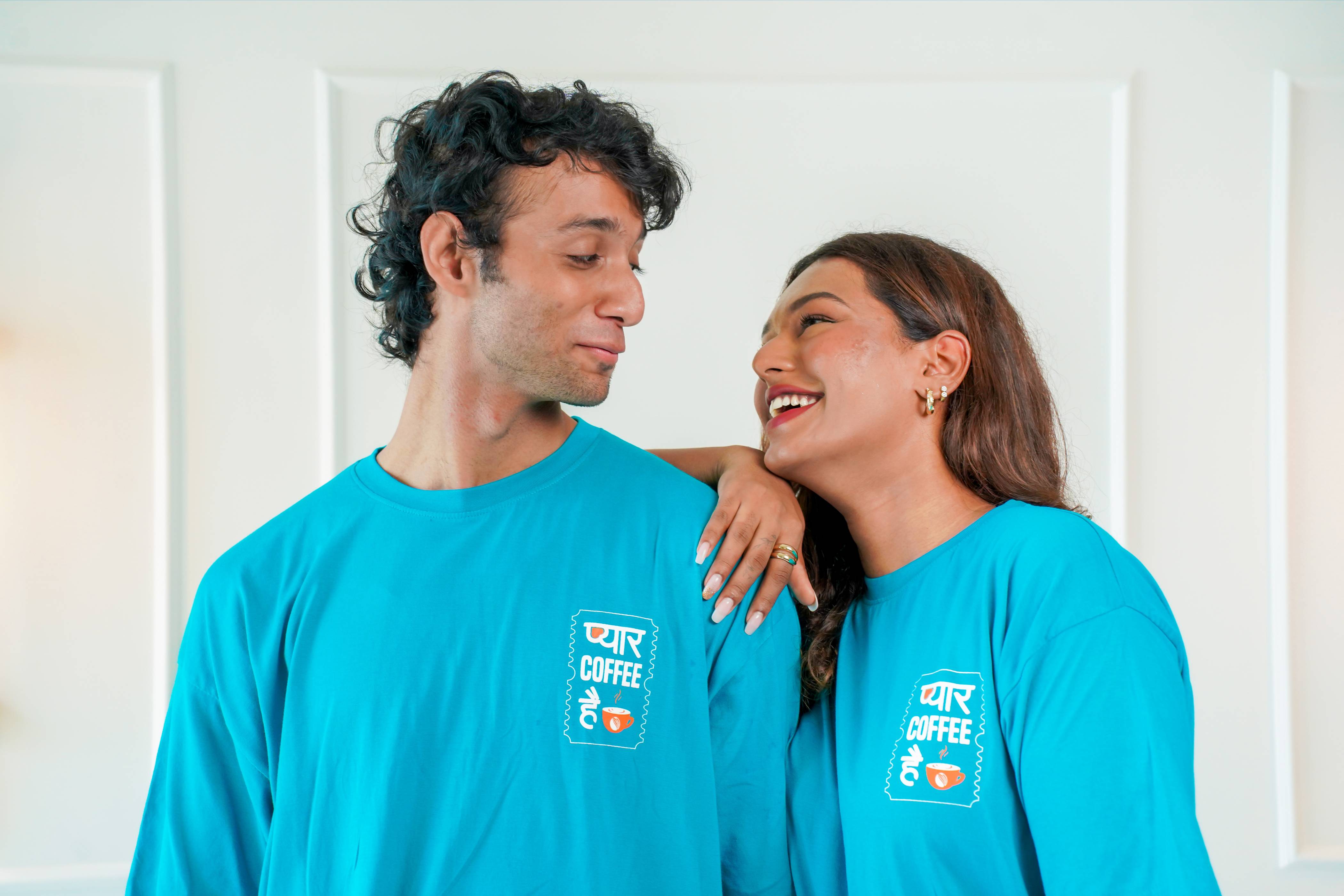 Pyaar Coffee Hai Oversized T-shirt - Teal Blue