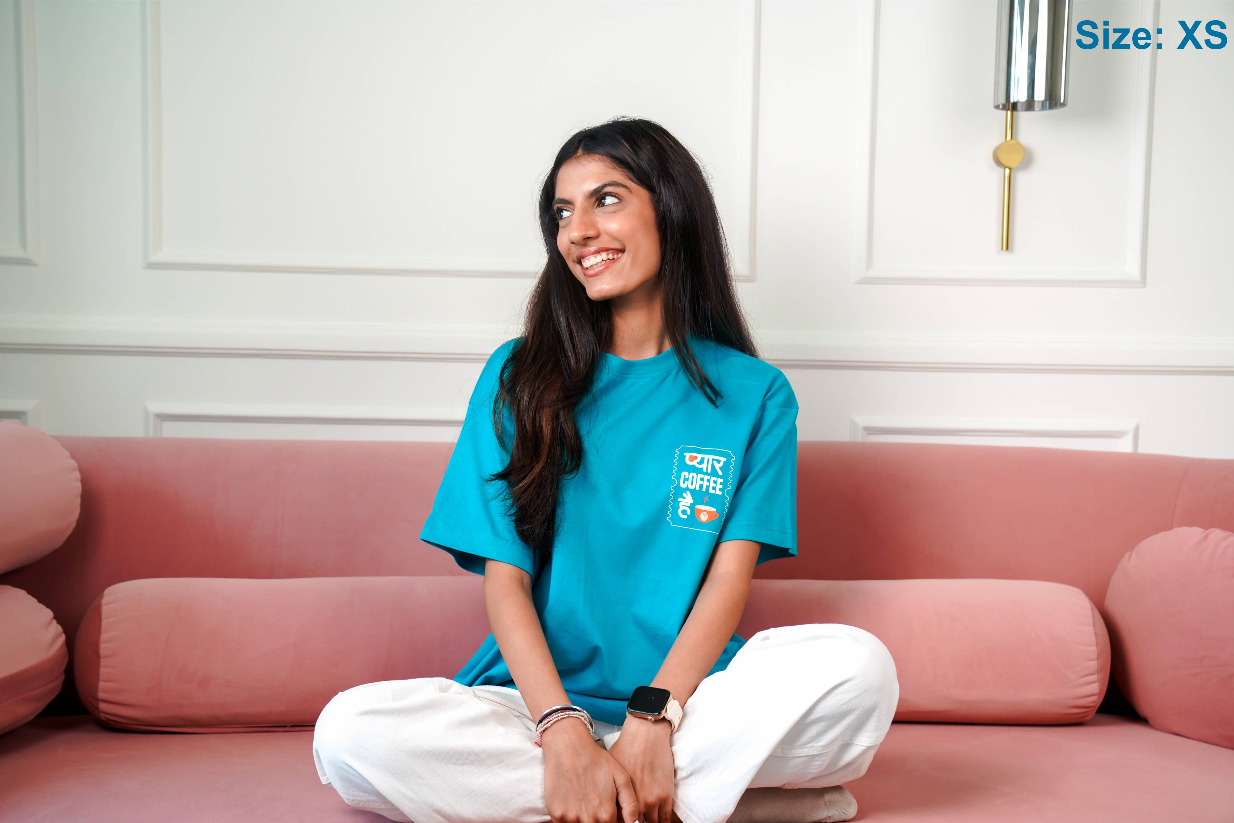 Pyaar Coffee Hai Oversized T-shirt - Teal Blue