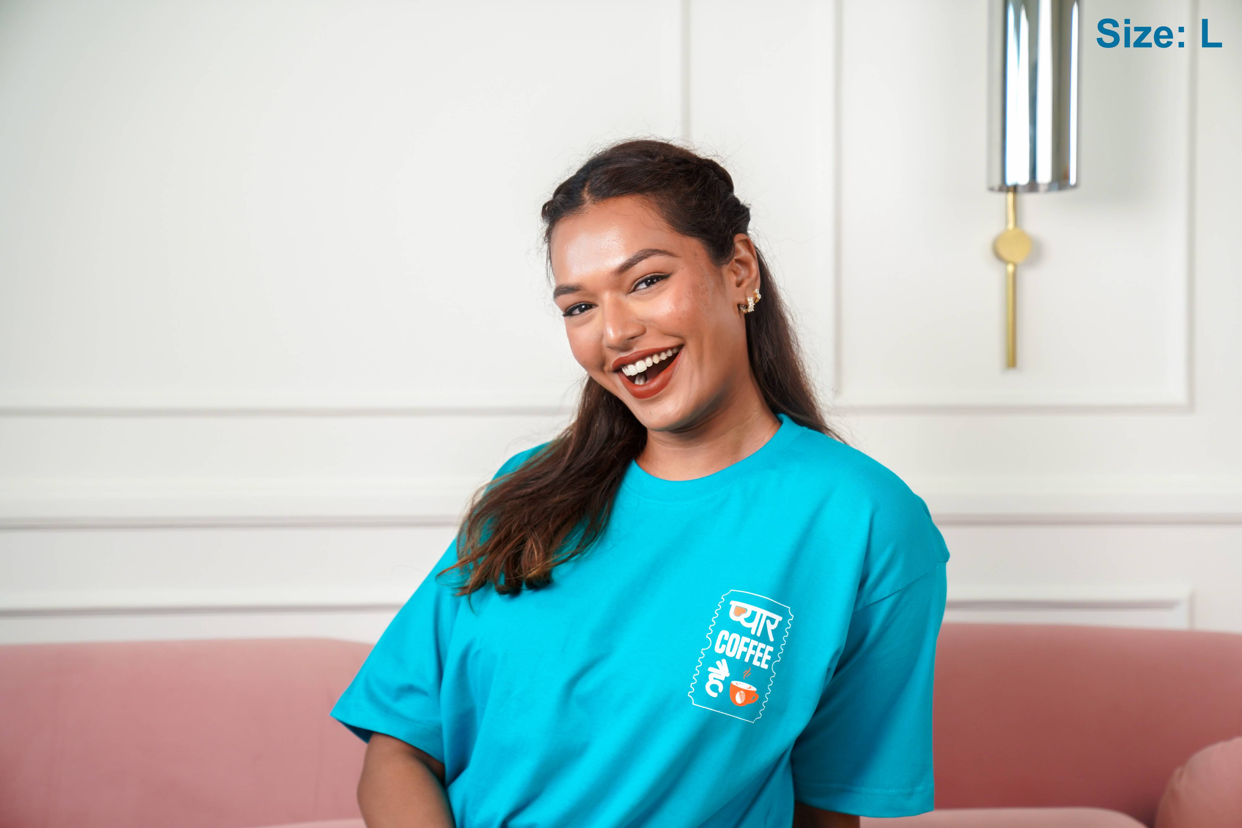 Pyaar Coffee Hai Oversized T-shirt - Teal Blue